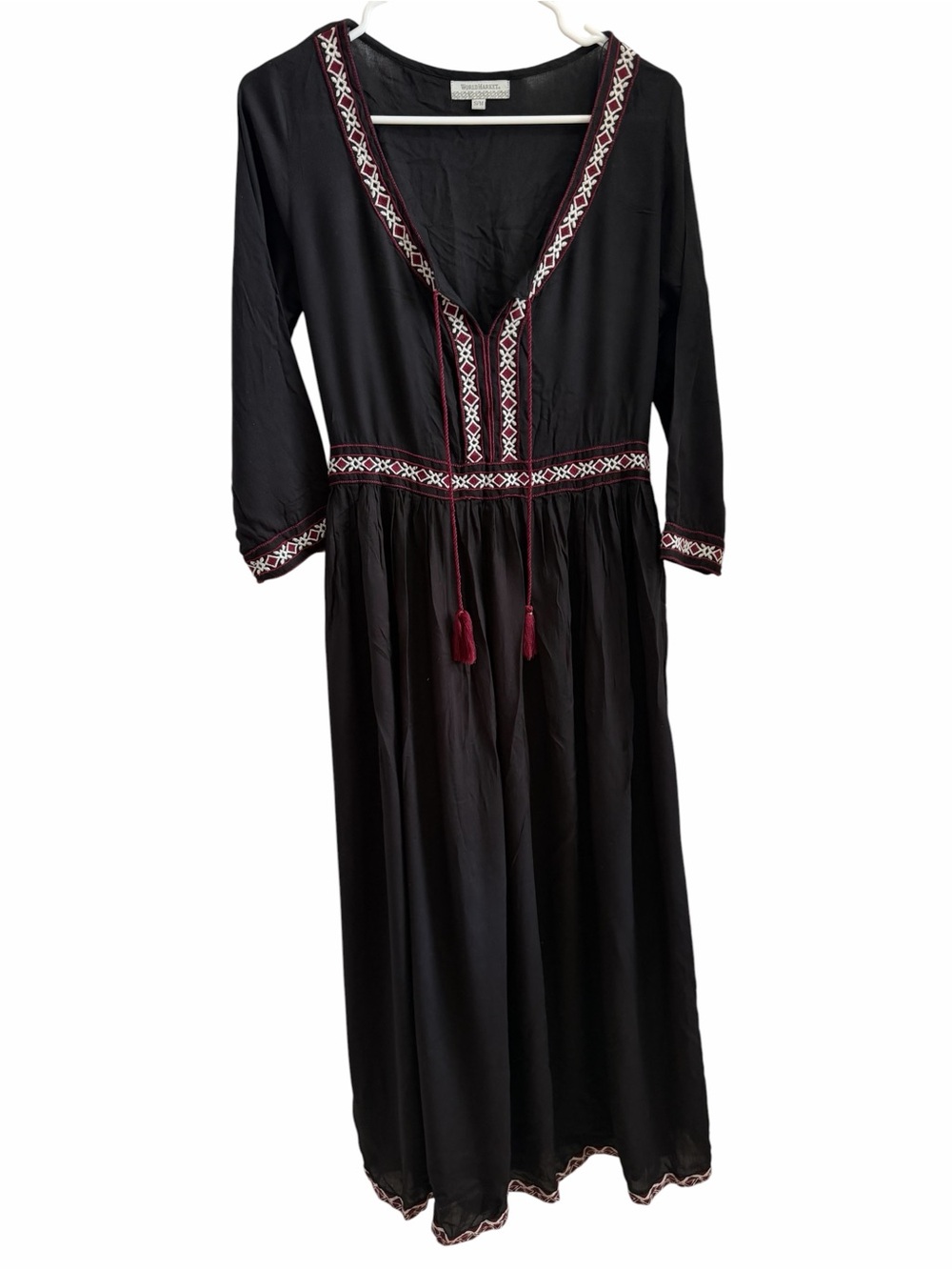 Embroidered Black Maxi Dress with Burgundy Accents